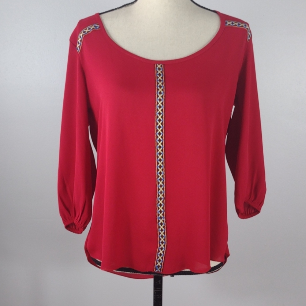 Anthropologie Bella D Red Boho Cross Stitch Sz Med